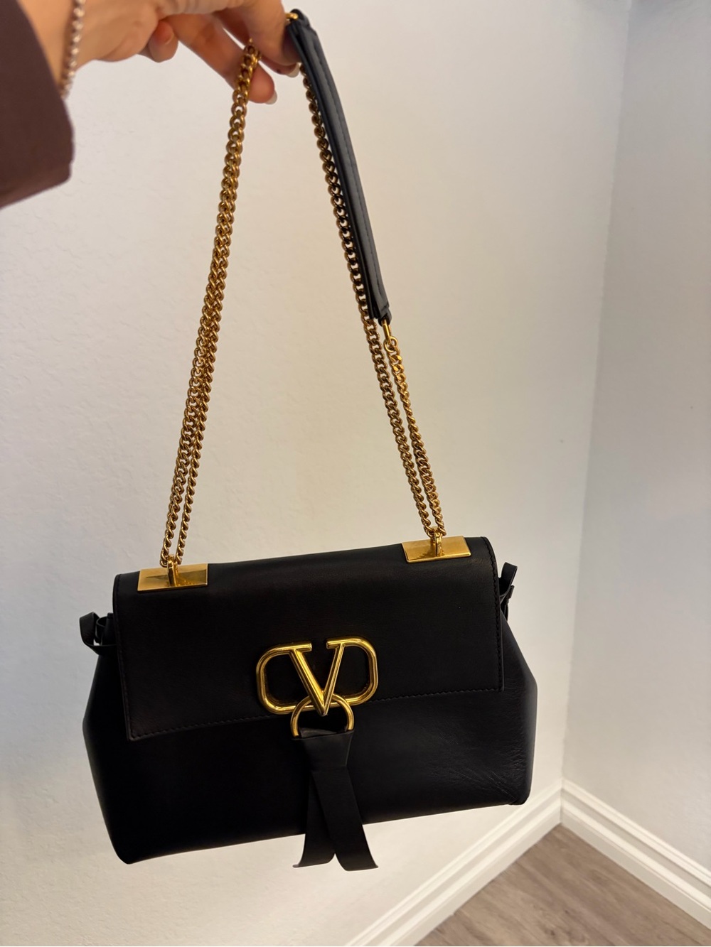 Valentino Garavani Black Leather Shoulder Bag with Gold Hardware
